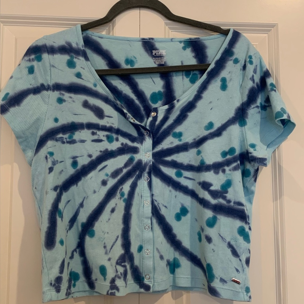 NWOT! VS PINK Blue Tie-Dye Crop Button Front T-Shirt
